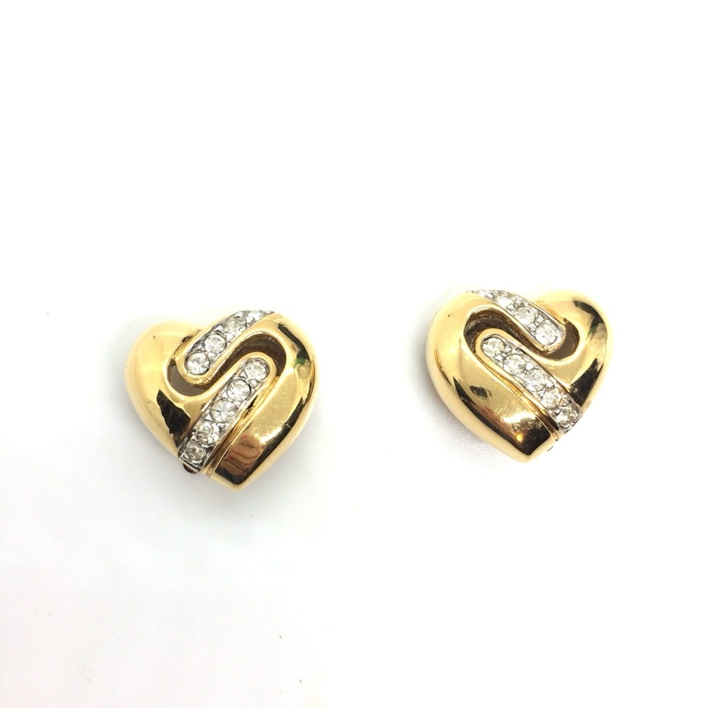 VINTAGE D'ORLAN HEART CLIP ON EARRINGS GOLD TONE RHINESTONE VALENTINE 80S